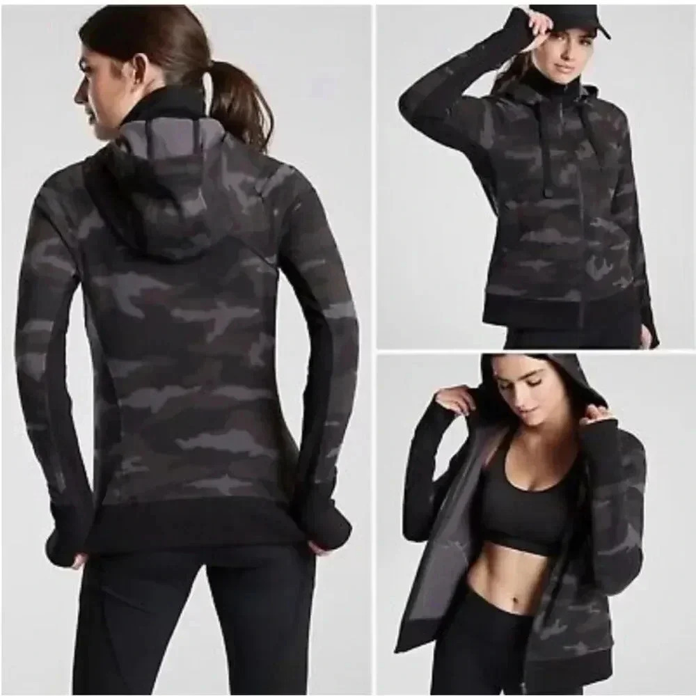 Athleta Triumph Printed Hoodie Sweatshirt Black Camo Zip Jacket